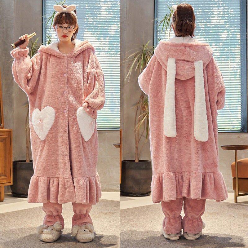 Nightgown Sweet Hooded Bathrobe Warm Set