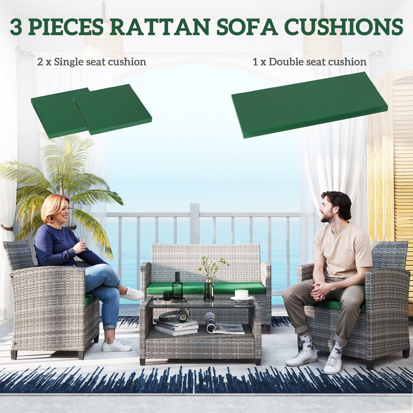 Outdoor Seat Cushion Pads For Rattan Furniture, 3 PCs Garden Furniture Cushions, Green