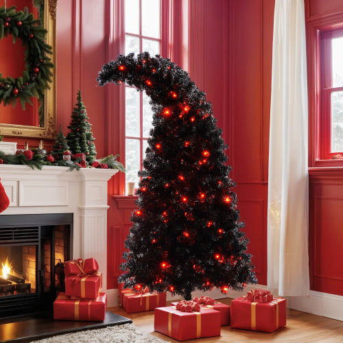 6FT Artificial Christmas Tree With LED Light, Pre-Lit Curved Shape Artificial Whimsical Xmas Tree With 900 Tips, Black Christmas Tree