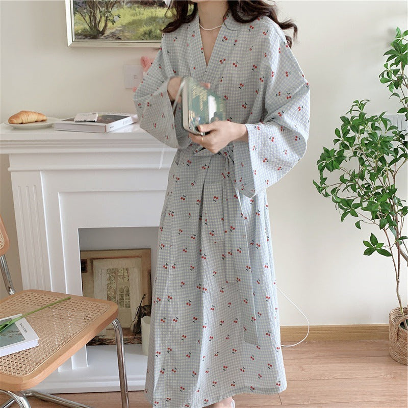 Cherry Plaid Cute Bathrobe Long