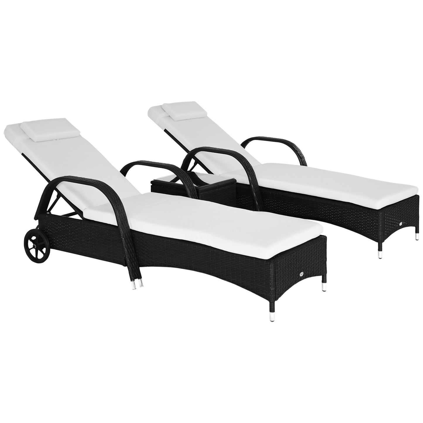 3 Piece Wicker Lounge Chair Set Outdoor Loungers With Armrests Cushion  Headrest  Side Table  Wheel  Black