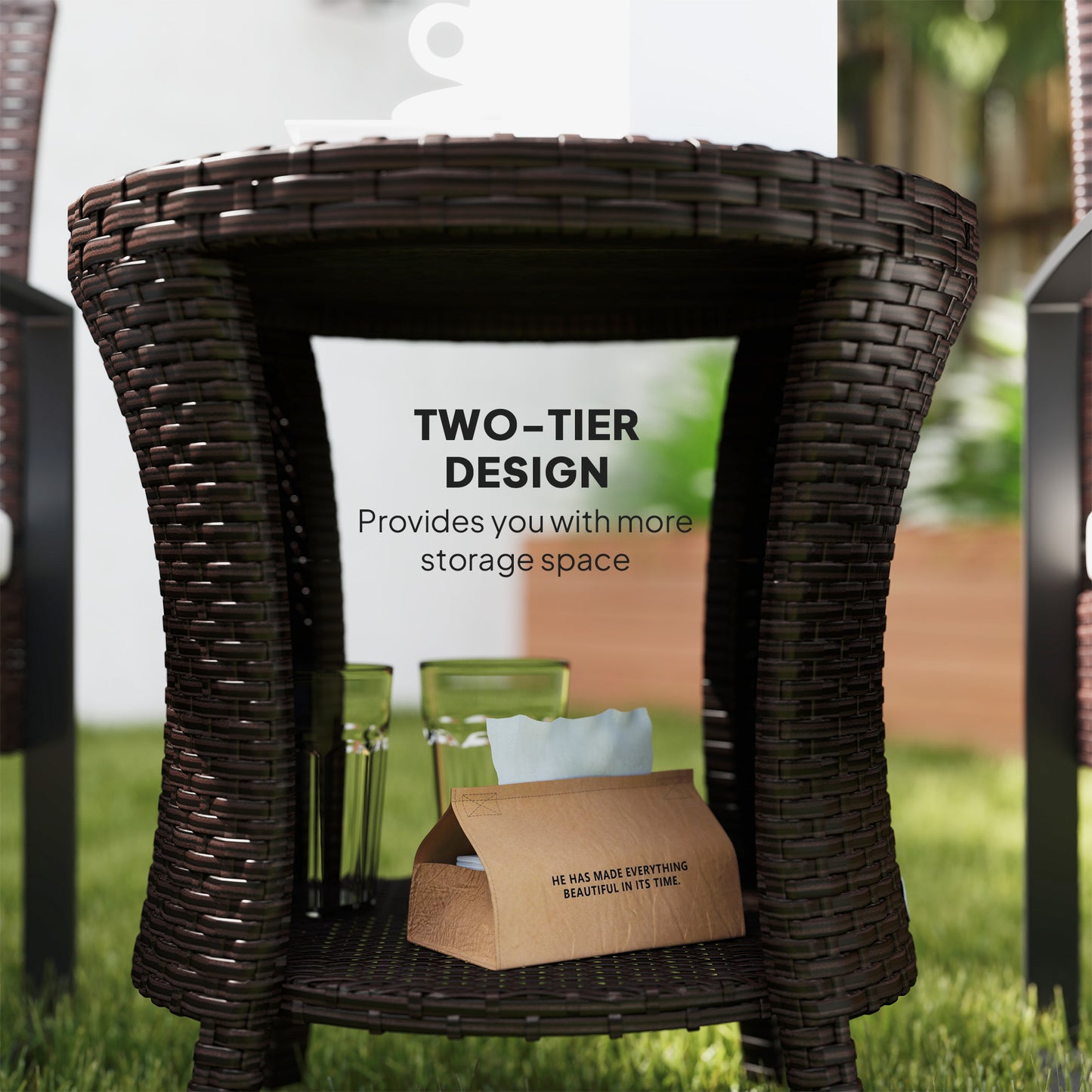 18 Wicker Outdoor Coffee Table, PE Rattan Patio Side Table With 2-Tier Storage, Composite Wood Top, Mixed Brown