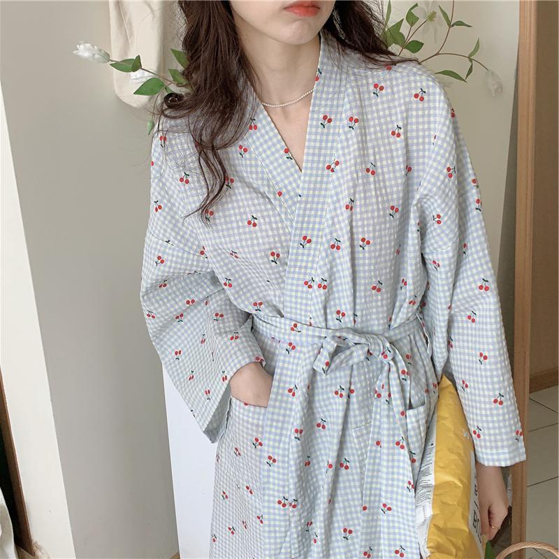 Cherry Plaid Cute Bathrobe Long