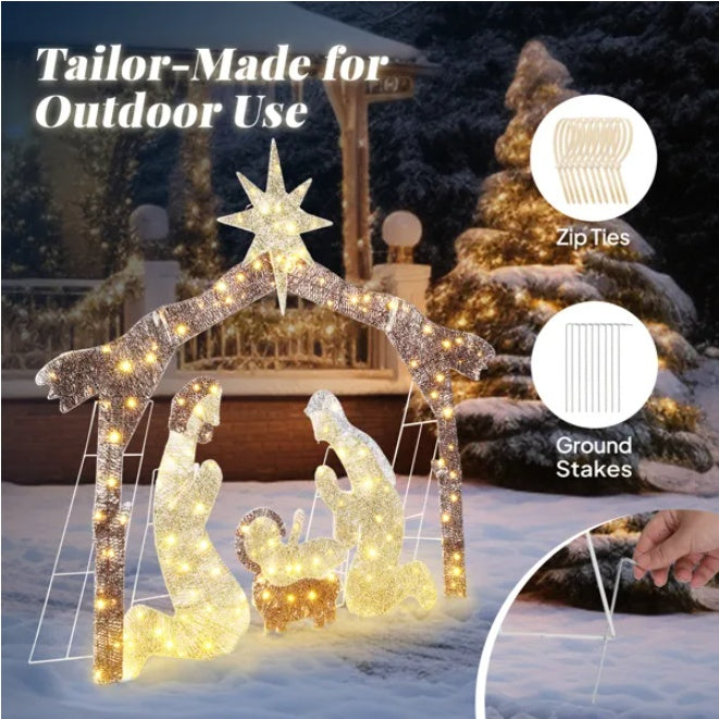 6ft Brown Roof 190LED Lights Nativity Scene Garden Jesus Decoration