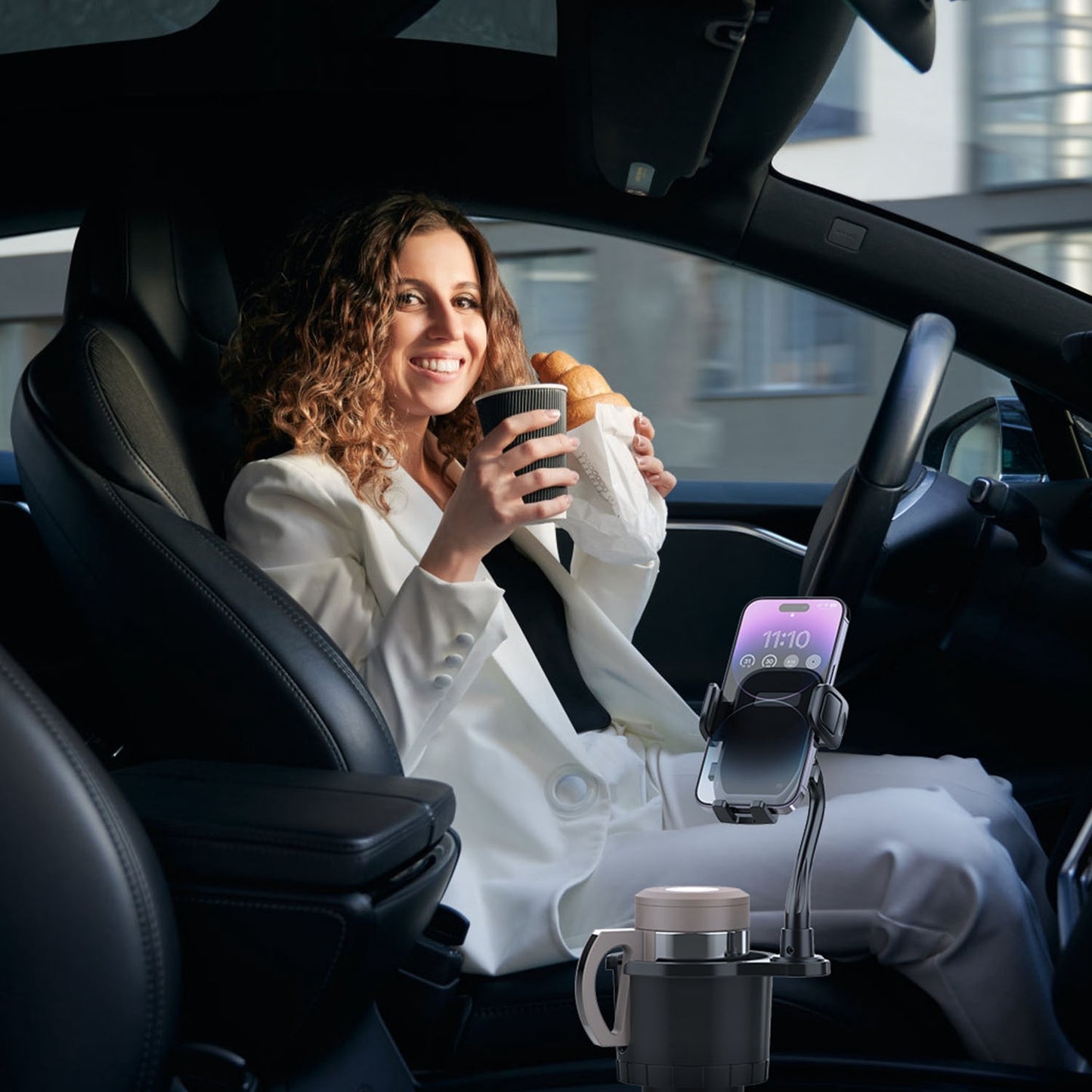 1Pc 2 In 1 Car Cup Phone Holder Automotive Drink Holder With 360 Degree Rotating Gooseneck Phone Mount Adjustable Base Fit For Most Phones Cups Vehicles