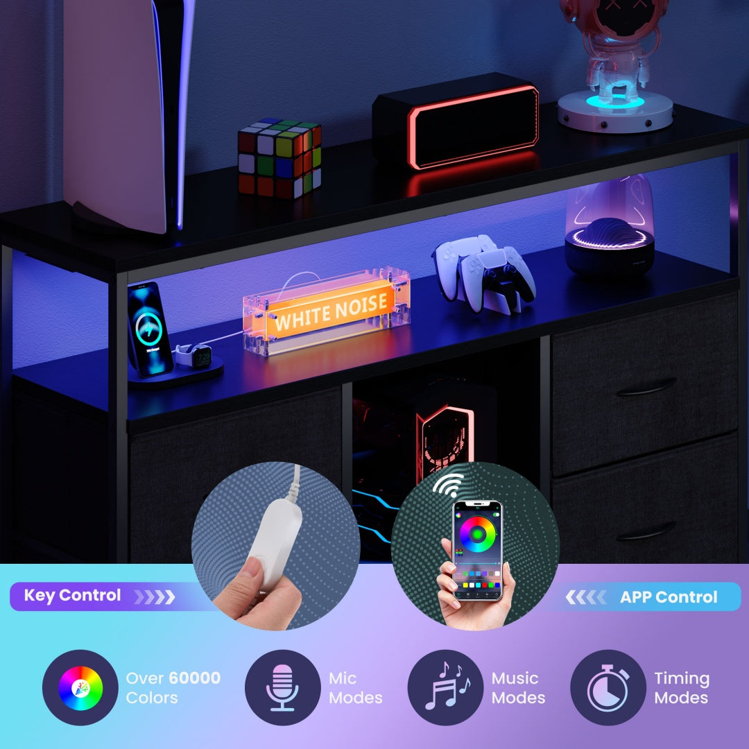 TV Stand, 4 Drawers, With LED Lights And Power Sockets, 50-inch TV Living Room Furniture, With Open Shelves And Adjustable Feet