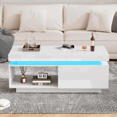 High Glossy LED Coffee Table With Drawer Storage, Wooden Centre Table With RGB Led Lights Rectangle Tea Table For Living Room Furniture, White Coffee Table With Open Display Shelf