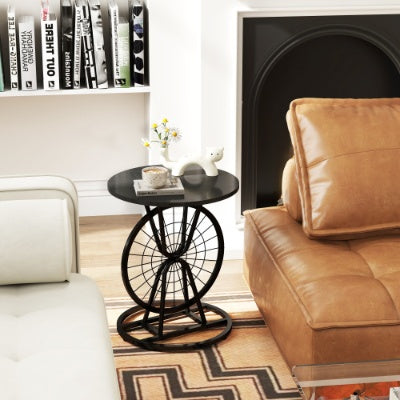 2 Piece Vintage Industrial Wheel Design Side Table, Round Accent Table With Metal Frame, Rustic Coffee Table For Living Room, Bedroom, And Office
