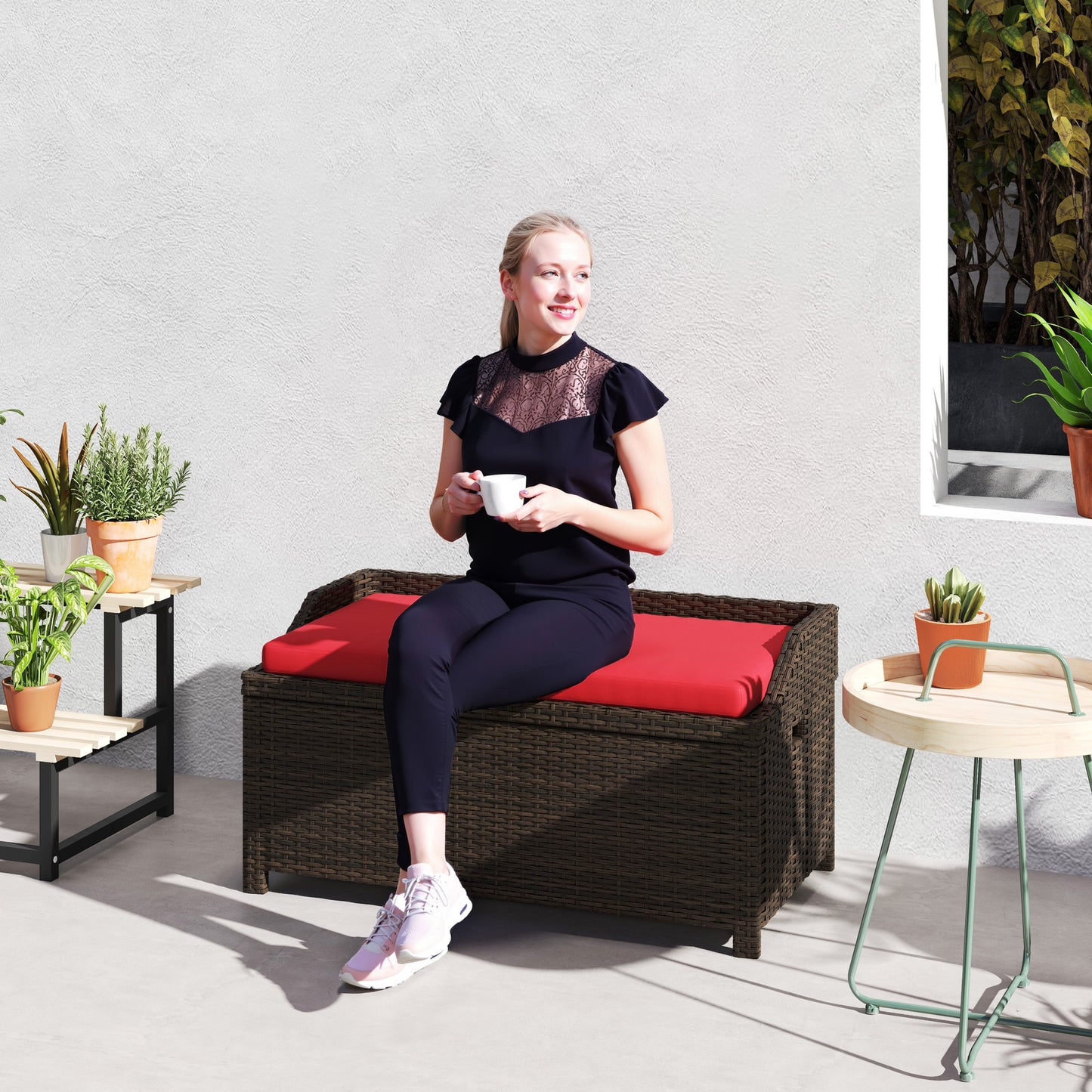 Outdoor Wicker Storage Bench With Storage & Cushion, Red