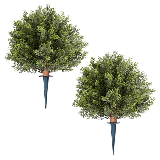 Artificial Topiary Cypress Trees With Ground Spike, 16 Inch 2 Set Faux Shrubs & Bushes Potted Plants, Fake Silk Tree Look Real For Decor Front Porch Outdoor Indoor Patio Garden Balcony Backyard