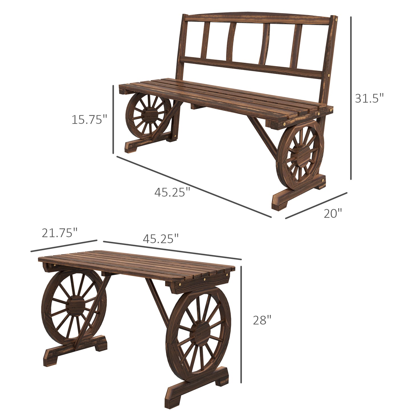 Patio Table and Chairs for 4 People, Wagon Wheel Design, Outdoor Furniture Set for Backyard, Garden, Carbonized