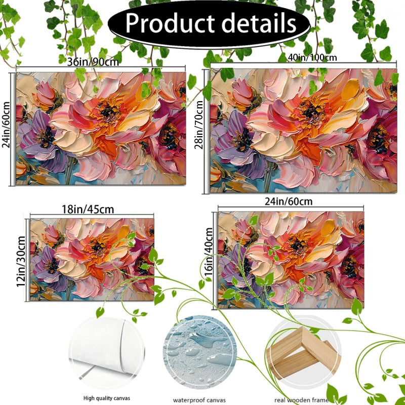 1pc Vibrant Floral Canvas Art With Wooden Frame - Textured Pastel Flowers, Abstract Blossom Arrangement For Home & Office Decor, Ideal For Living Room, Corridor, Anniversary