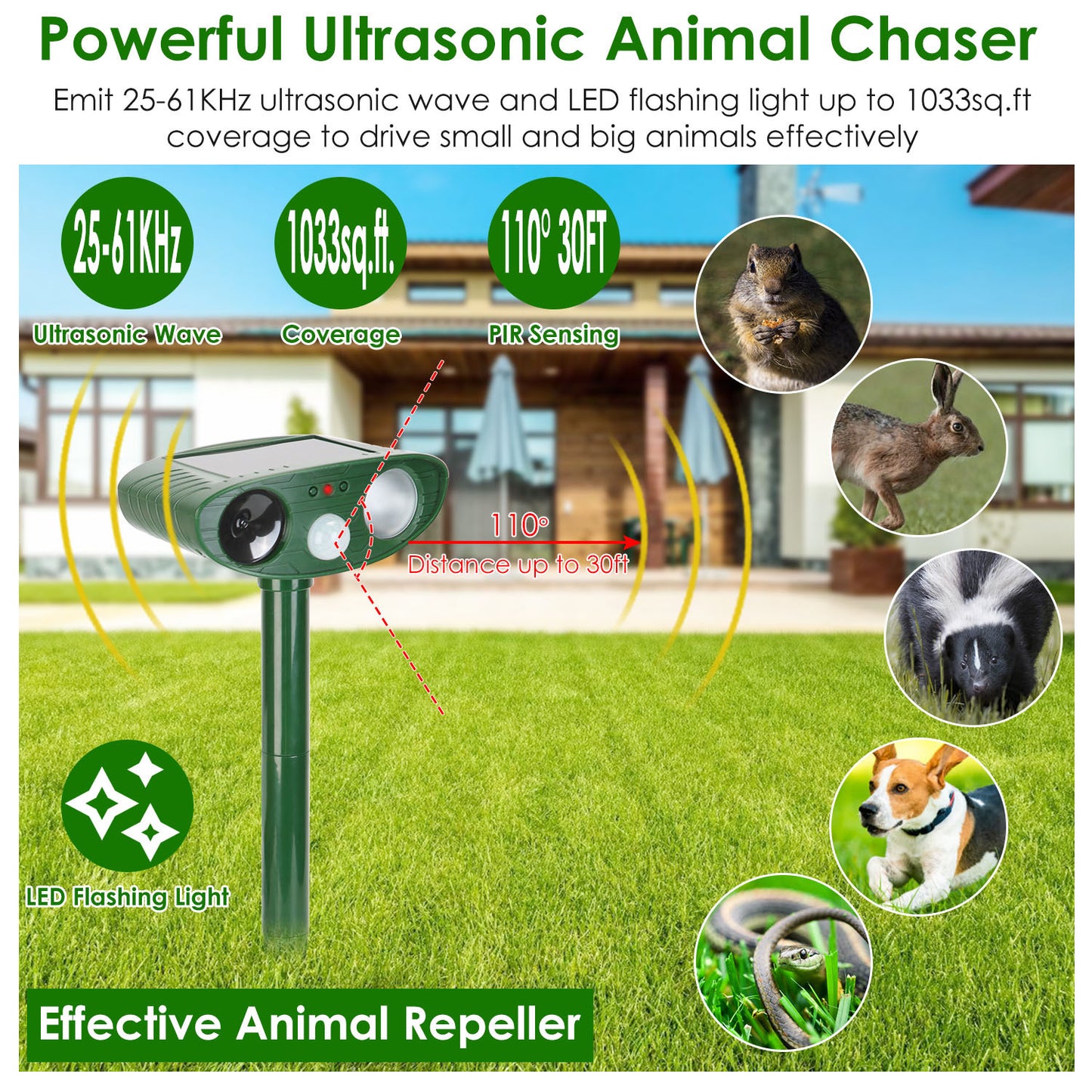 1Pc Solar Ultrasonic Animal Repeller PIR Sensor Animal Repellent Chaser With Flashing Light IPX4 Waterproof For Chasing Deer Raccoon Squirrel Rat Skunk Rabbit Mole Dog Cat Snake