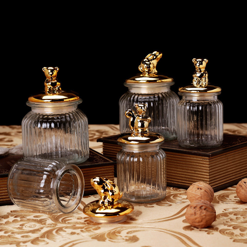 Modern Transparent Glass Sealed Jar Storage With Lid Golden Animal Decoration Candy Bottle Tea Box Kitchen Utensils