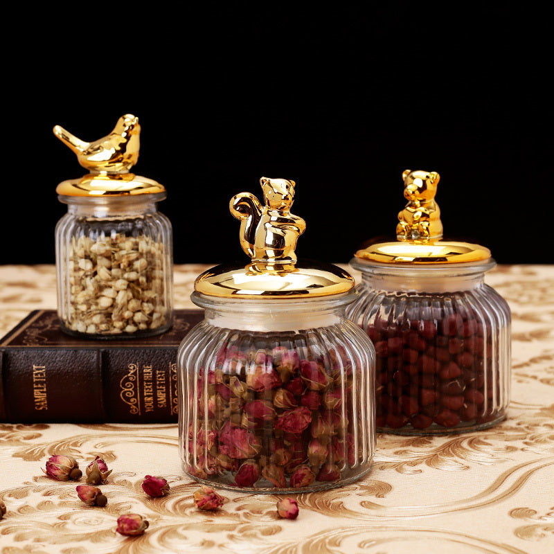 Modern Transparent Glass Sealed Jar Storage With Lid Golden Animal Decoration Candy Bottle Tea Box Kitchen Utensils
