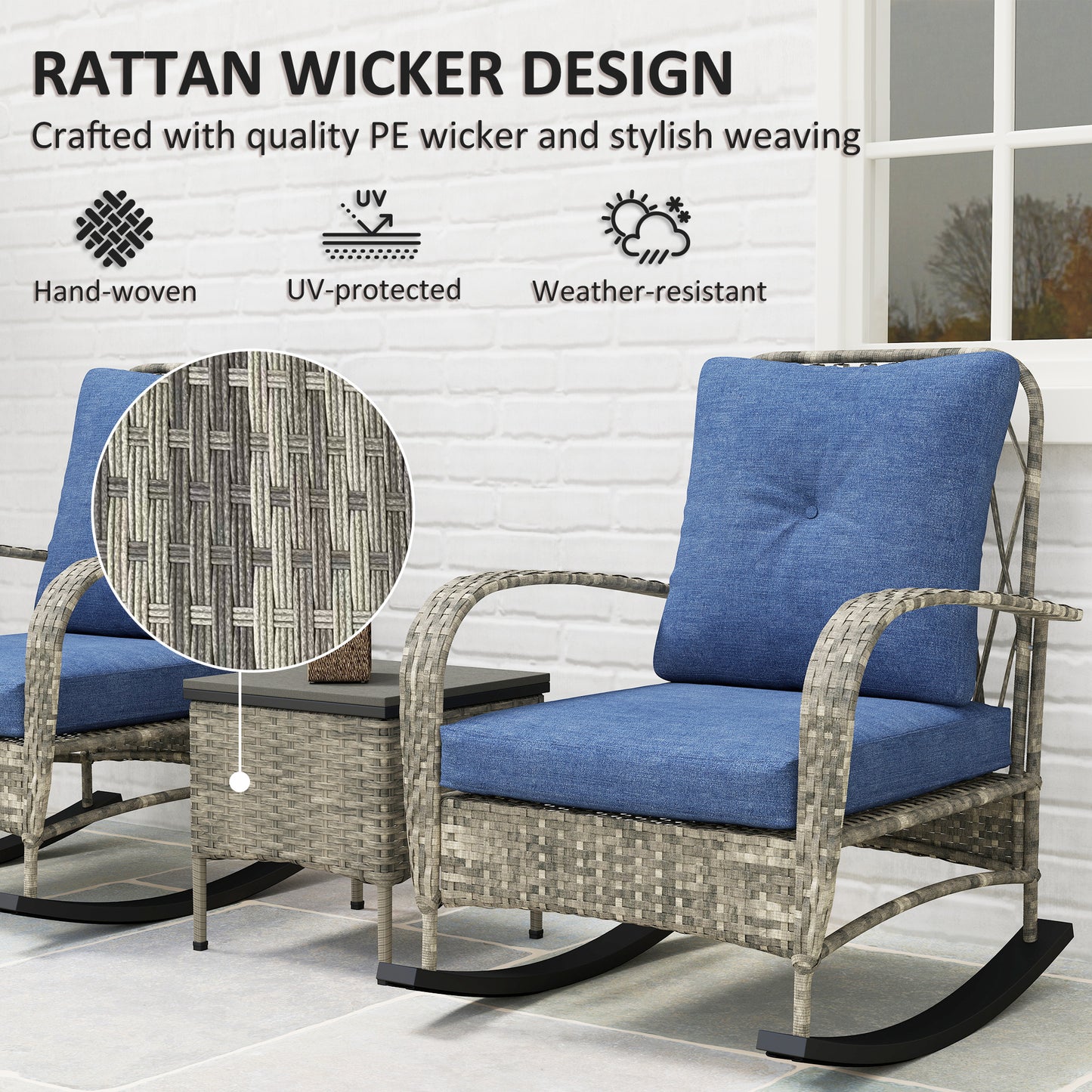 3 Piece Wicker Patio Furniture Set, Outdoor PE Rattan Rocking Chairs With Coffee Table, Cushions For Porch, Gray