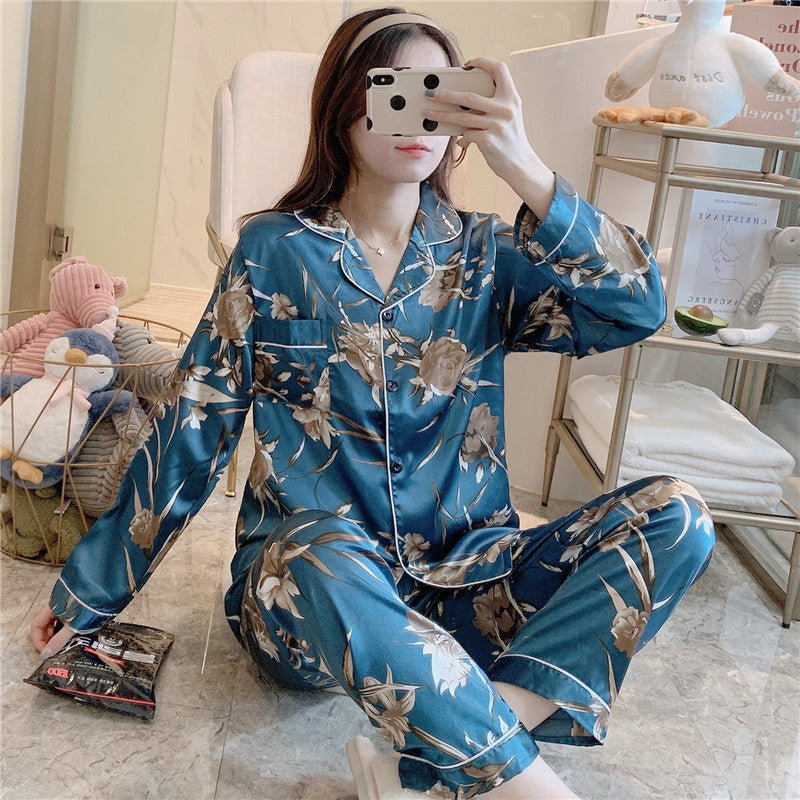 Women's Ice Silk Long Sleeve Trousers Two Piece Pajamas Set