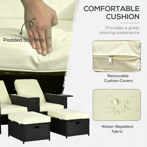 Outsunny 5PC PE Rattan Sun Lounger, Outdoor Wicker 5-level Adjustable Recliner Sofa Bed With Storage Side Table And Footstools, For Patio, Garden, Poolside, Black