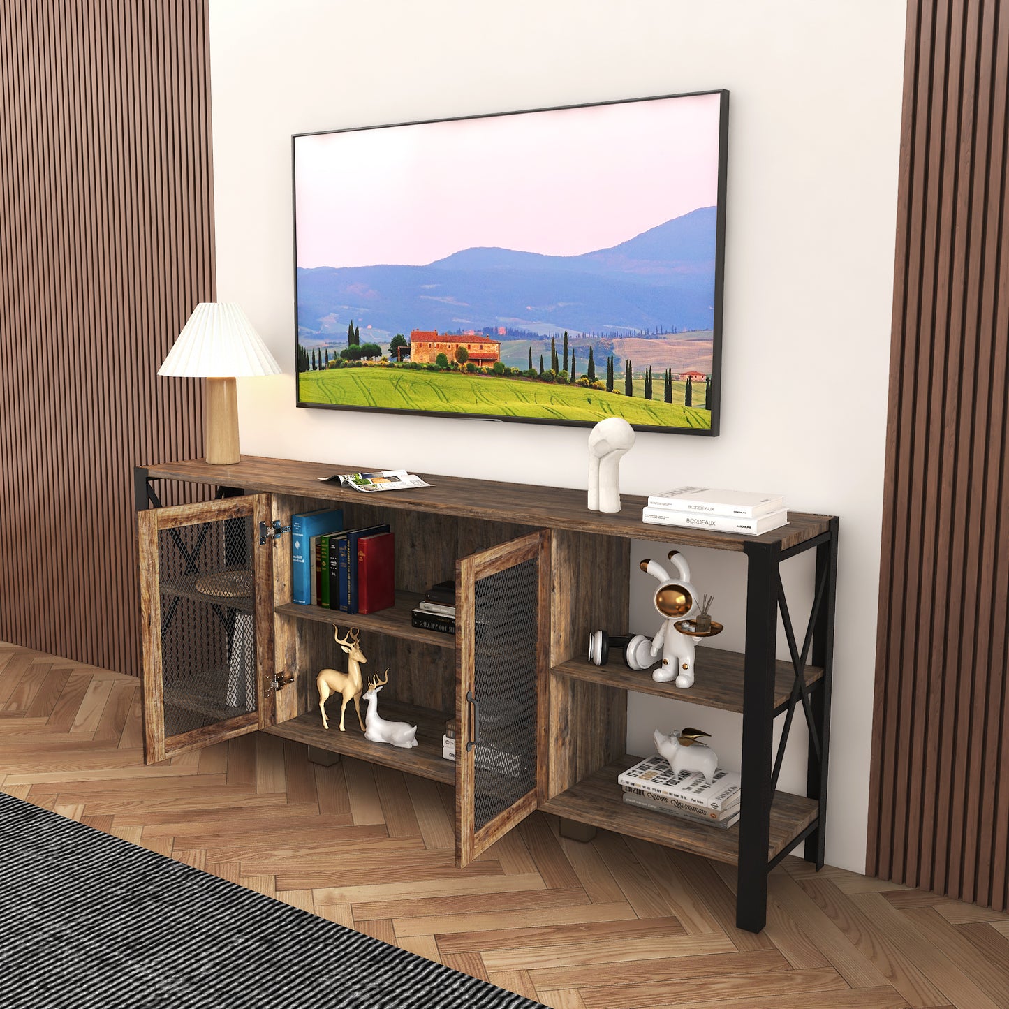 TV Stands For Living Room, Industrial TV Stand For Bedroom Furniture, Farmhouse TV Stand 80 Inch Television Stand , Modern Horizontal Wood And Metal Open Bookshelf