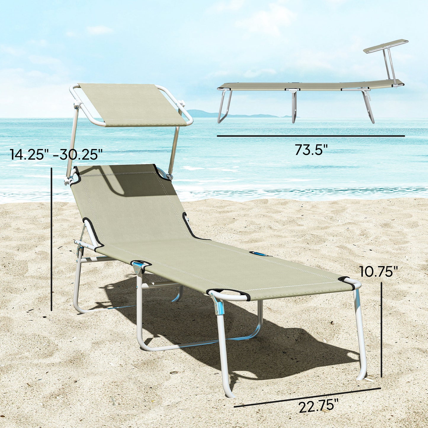 Outdoor Pool Chaise Lounge Chair, Folding Tanning Chair with Sun Shade, Cream White