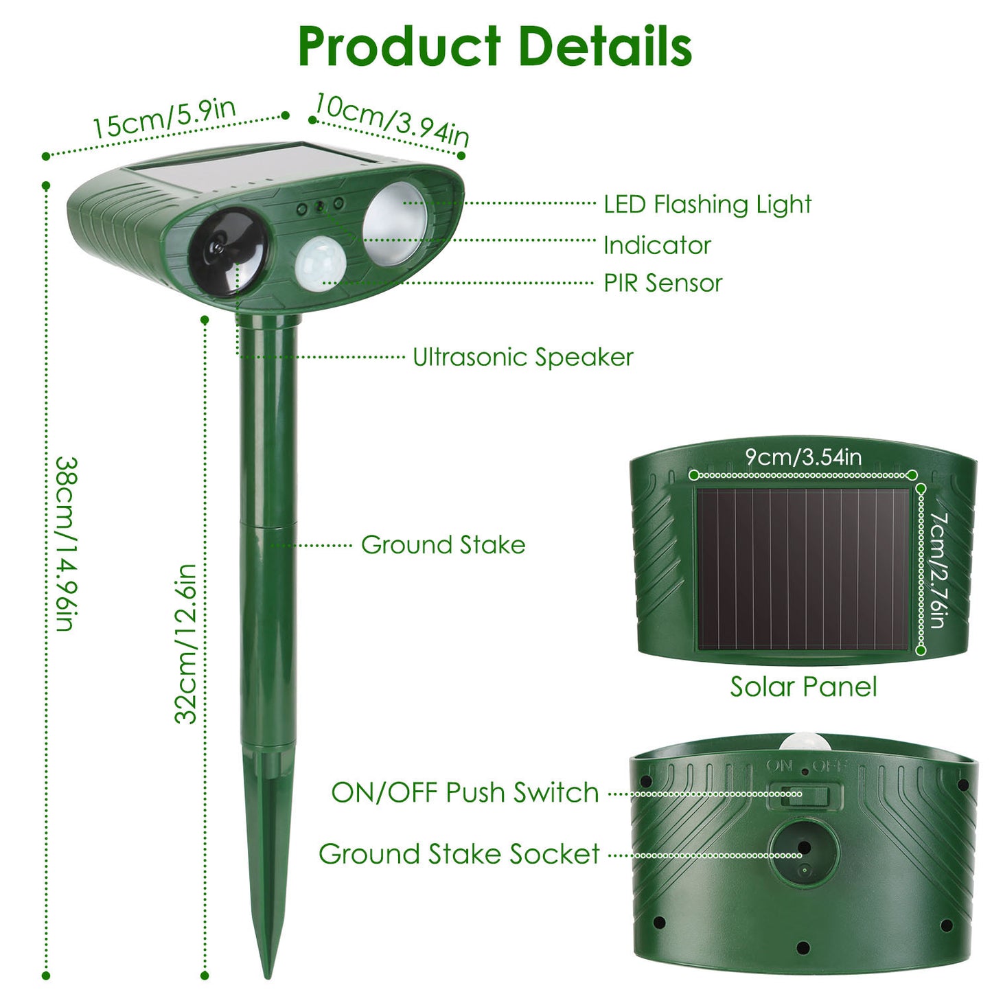 1Pc Solar Ultrasonic Animal Repeller PIR Sensor Animal Repellent Chaser With Flashing Light IPX4 Waterproof For Chasing Deer Raccoon Squirrel Rat Skunk Rabbit Mole Dog Cat Snake