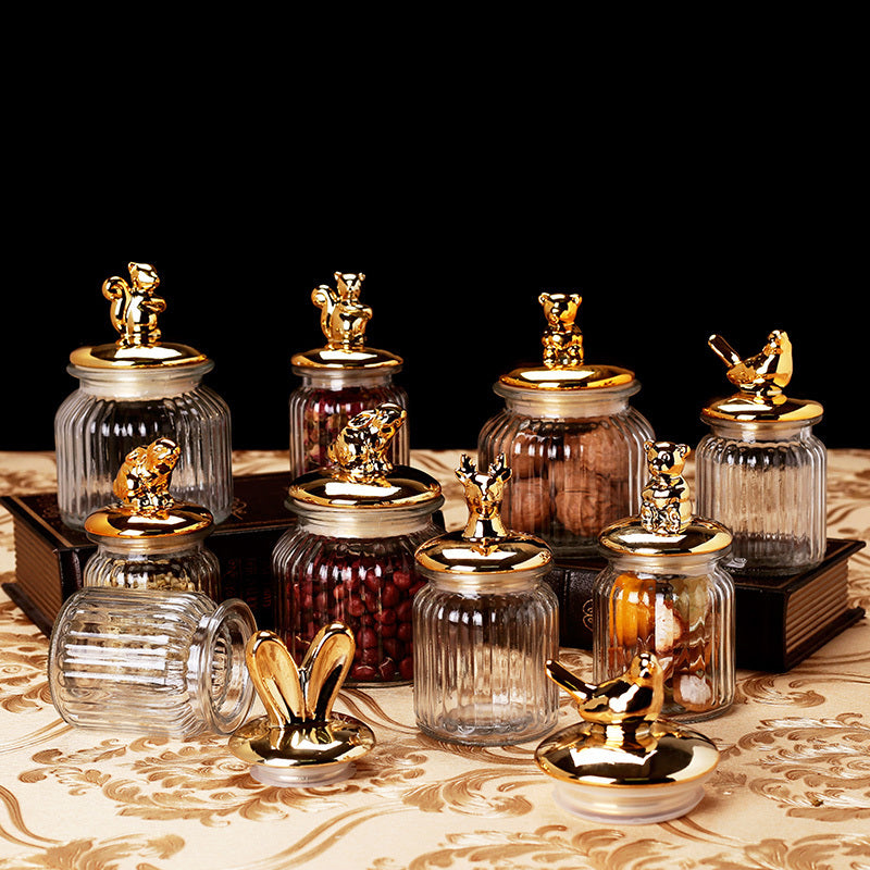 Modern Transparent Glass Sealed Jar Storage With Lid Golden Animal Decoration Candy Bottle Tea Box Kitchen Utensils