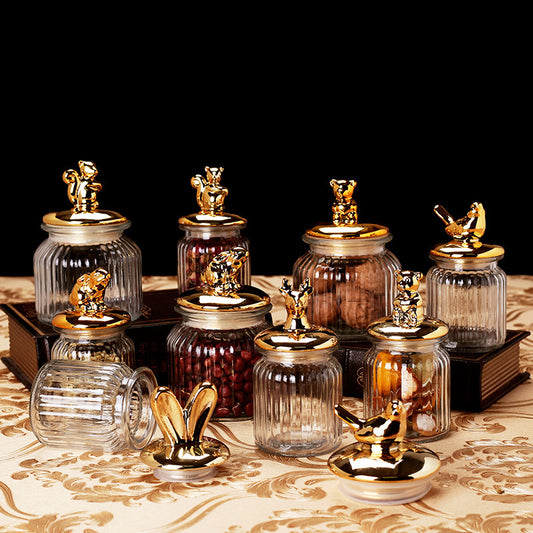 Modern Transparent Glass Sealed Jar Storage With Lid Golden Animal Decoration Candy Bottle Tea Box Kitchen Utensils