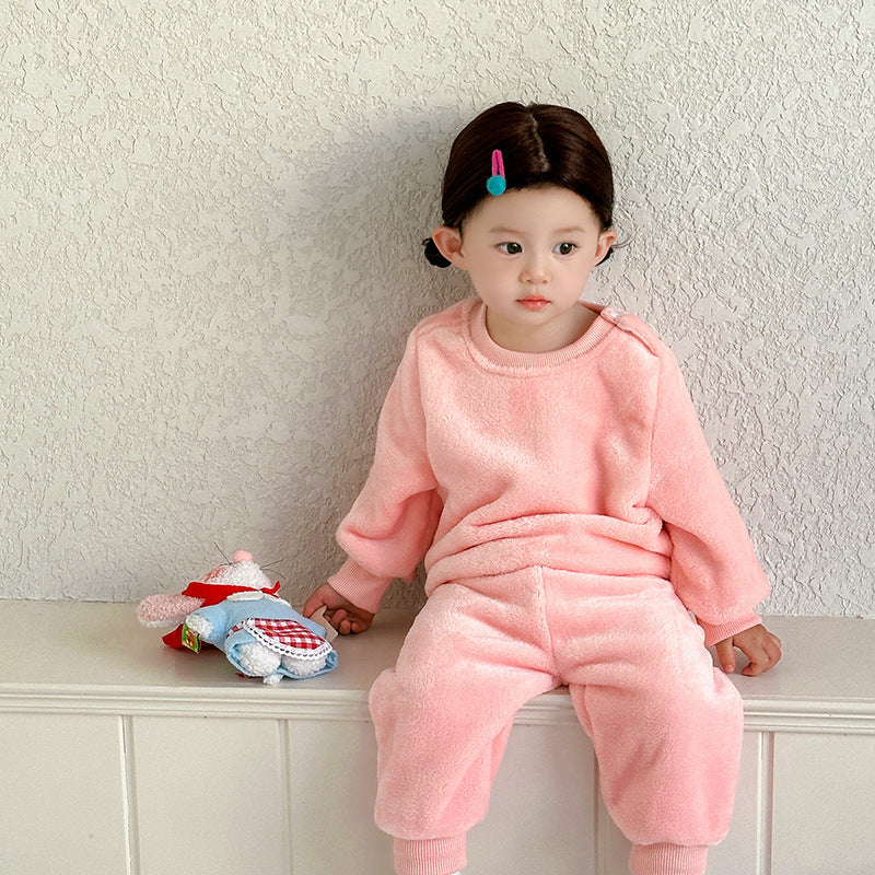 Children's Suit Autumn And Winter Boys And Girls Fleece-lined Thermal Pajamas