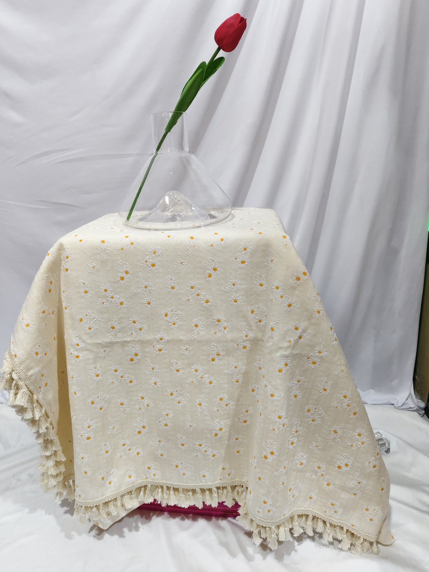 Pastoral Tassel Cotton Floral Tablecloth Desk Kitchen Wedding Restaurant Decoration Background Fabric