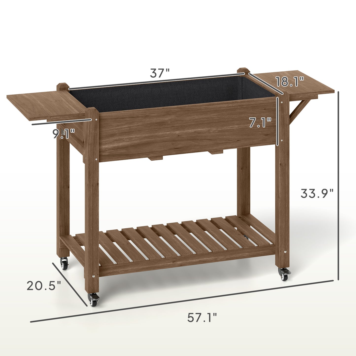 Wood Raised Planter Box, Elevated Garden Bed With Lockable Wheels, Side Tables, Bottom Shelf, Drain Holes, Carbonized