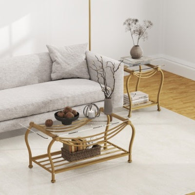 Tempered Glass Surface 3-Piece Coffee Table Set Decor Rectangle Coffee Table With 2 Square End Side Table Unique Design Coffee Table With Sturdy Construction For Living Room  Elegant Gold