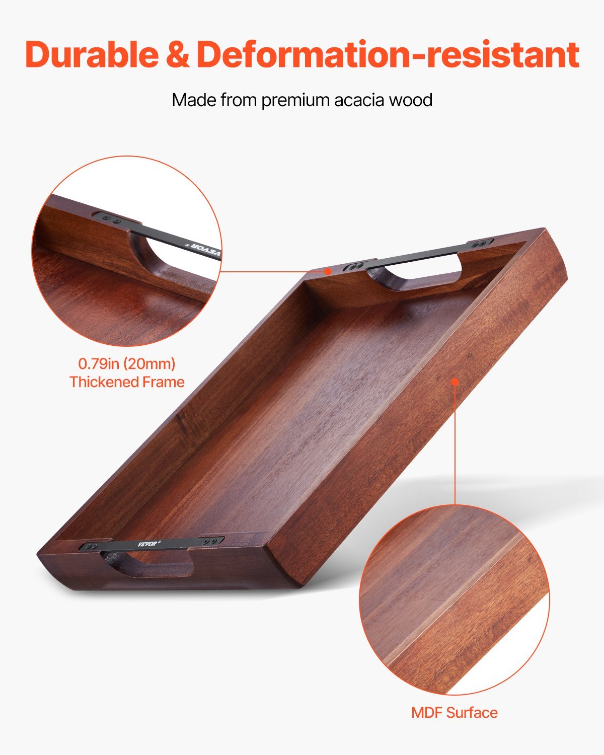 Serving Tray 17x12.2 Inch Acacia Food Serving Table Laptop Desk With Handles