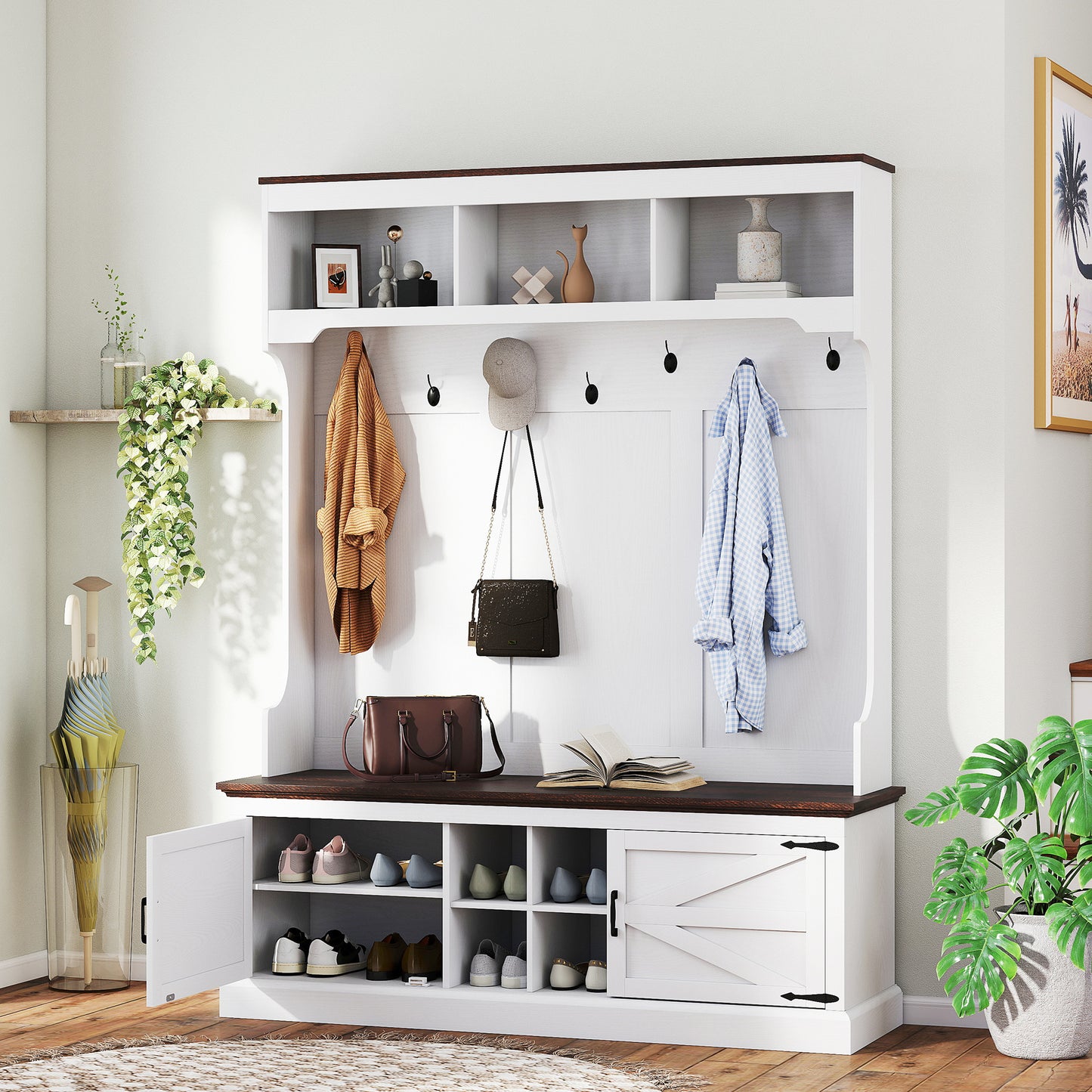 3-in-1 Hall Tree With Shoe Storage, Coat Rack With Bench, Entryway Furniture With Hooks, White Wood Grain