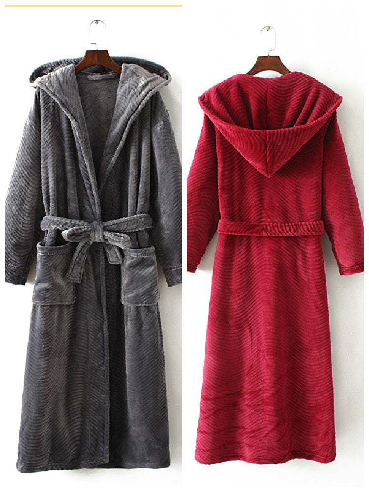 Solid Color Extended Hooded Flannel Bathrobe
