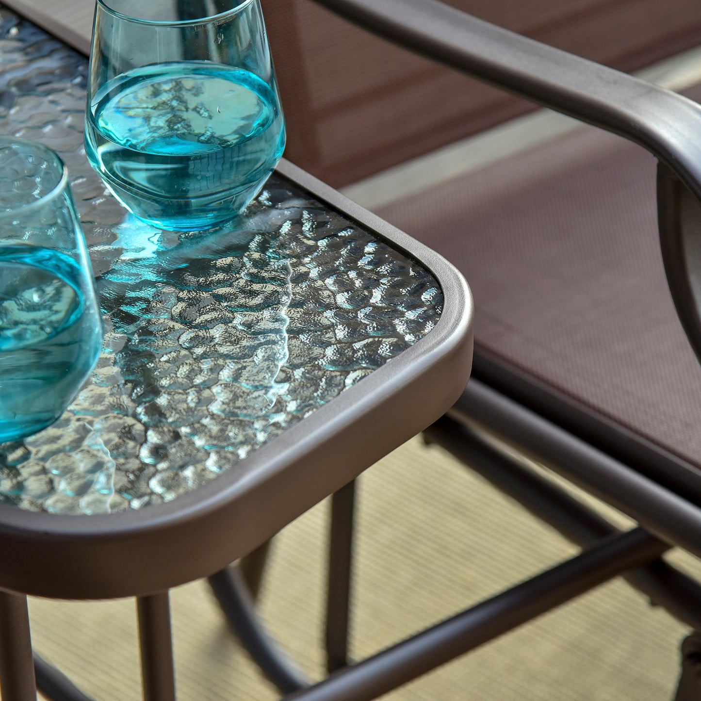 2-Seat Outdoor Glider Swing, Double Independent Rocker Chair, With Center Coffee Table, Breathable Sling Fabric, Coffee Brown