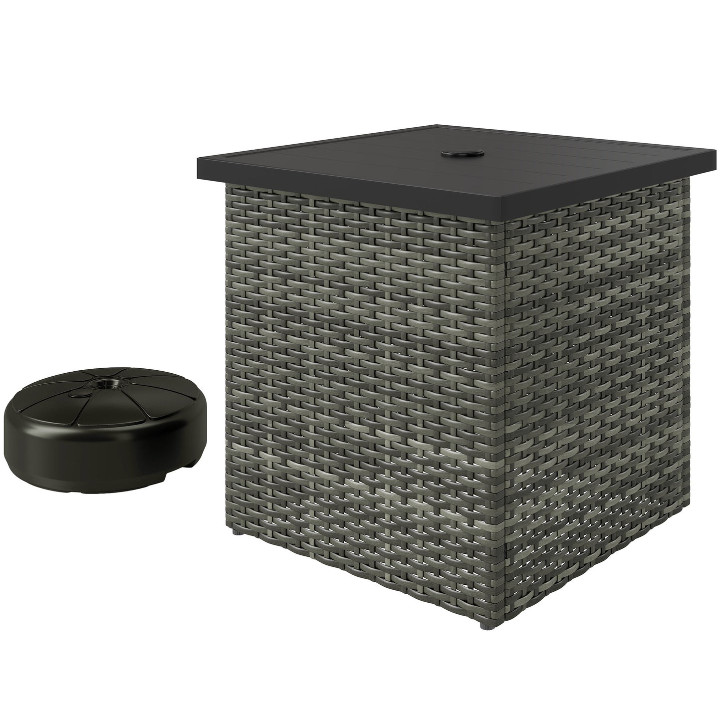 Wicker Side Table With 1.5 Umbrella Hole, Square Outdoor End Table With UV-Resistant Frame, Storage Space, Mixed-Gray