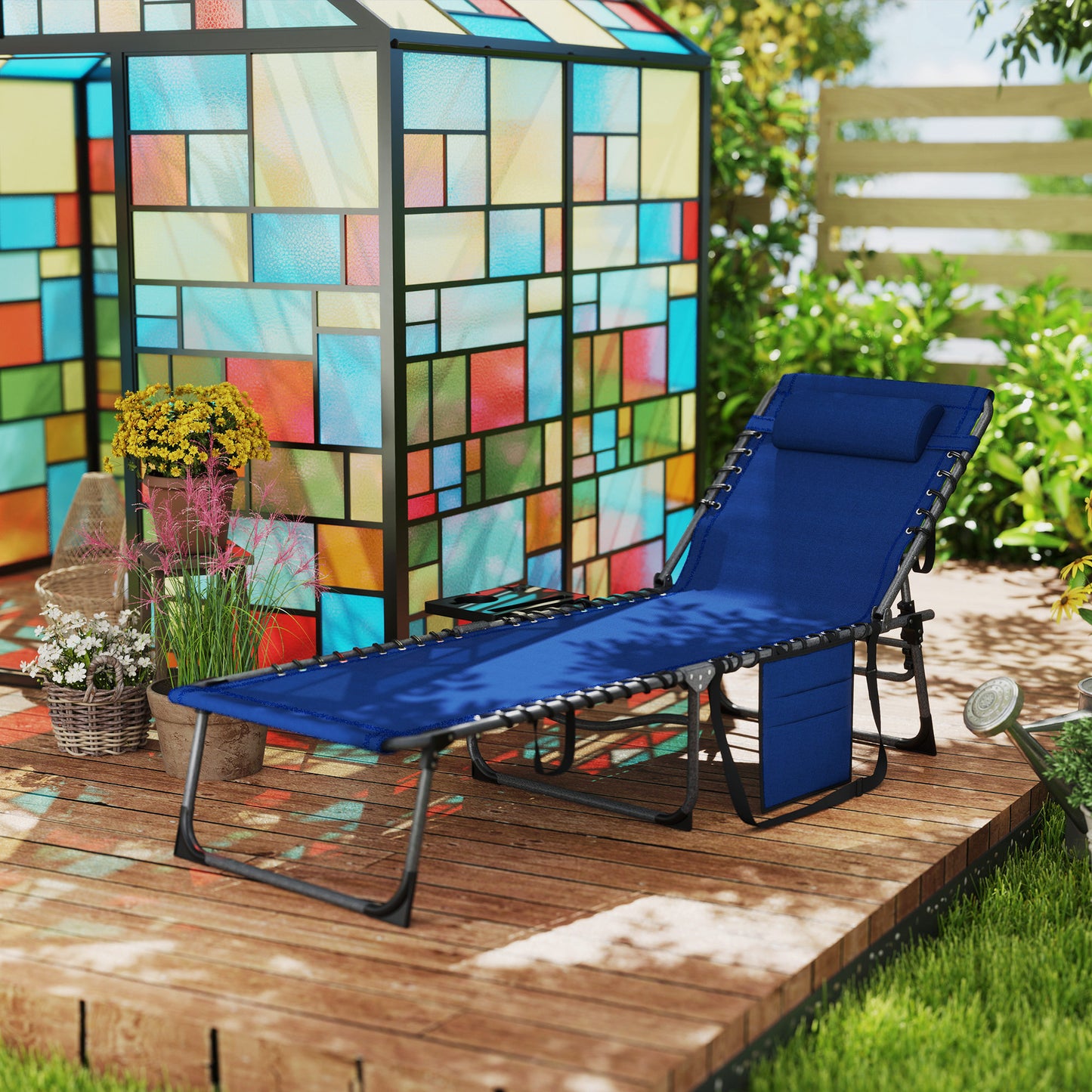 Folding Outdoor Chaise Lounge Chair Tanning Chair With 5-Level Adjustable Back, Side Table, Pillow, Pocket, Dark Blue