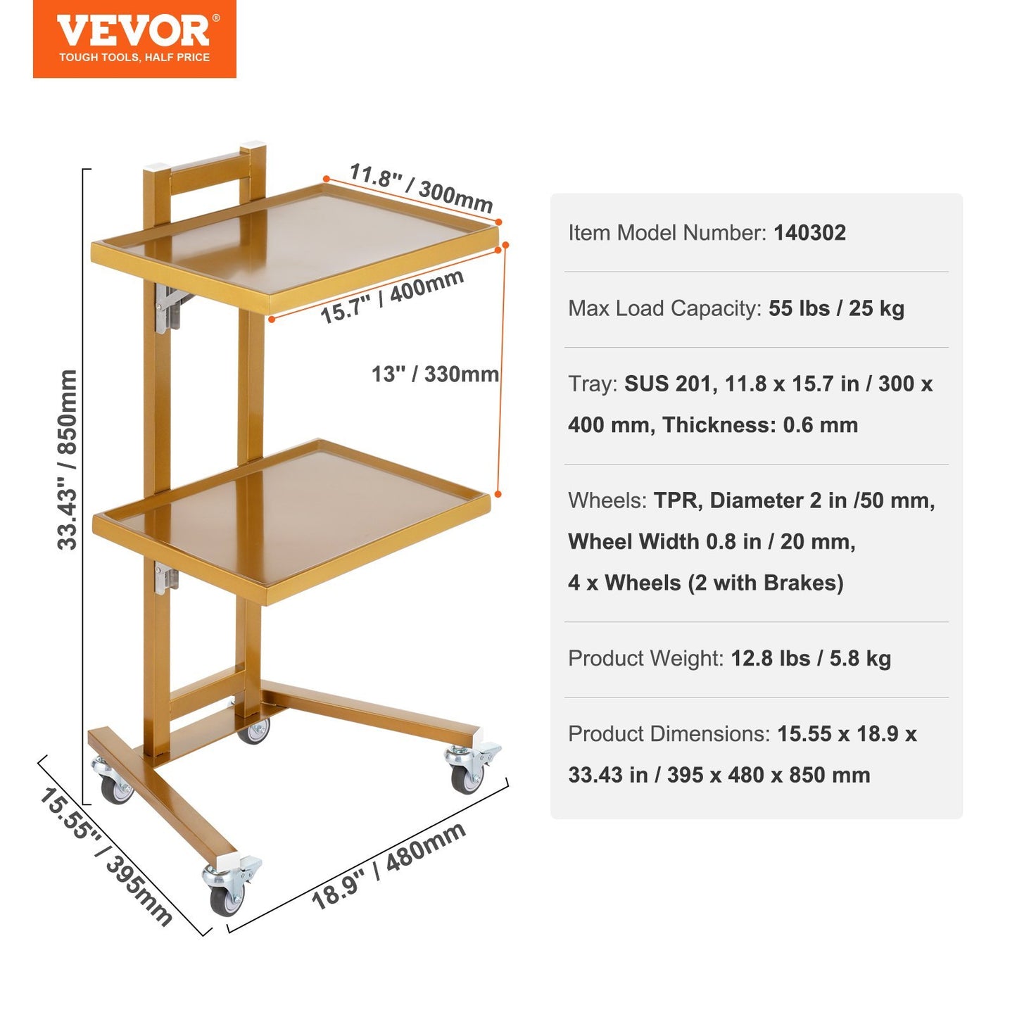 2 Tiers Stainless Steel Lab Carts With 2 Trays  4 Silent Wheels Golden, Lab Serving Cart Utility Cart Stainless Steel Medical Cart, Lab Carts With 2 Drawers  Top Tray, Lab Rolling Cart For Lab, Clin