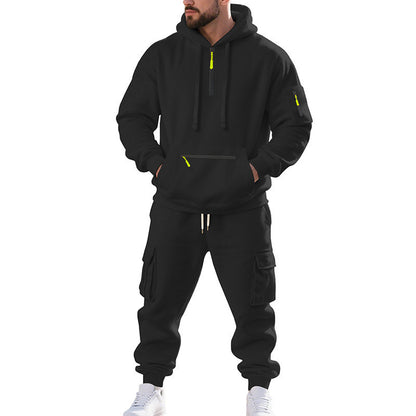 Men's Loose Sports And Leisure Suit Sweater Fleece-lined Hoodie Set Zipper Multi-Pocket Pullover Men's Sports Casual Top Two-piece Set