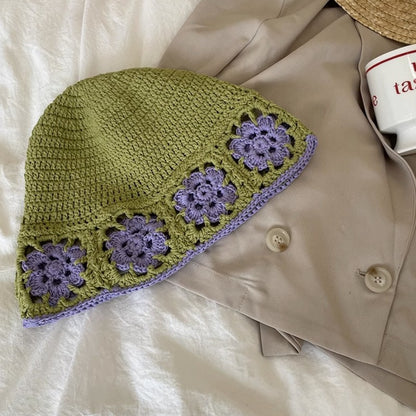 Japanese-style Retro Hollow Flower Handmade Knitted Bucket Hat Women