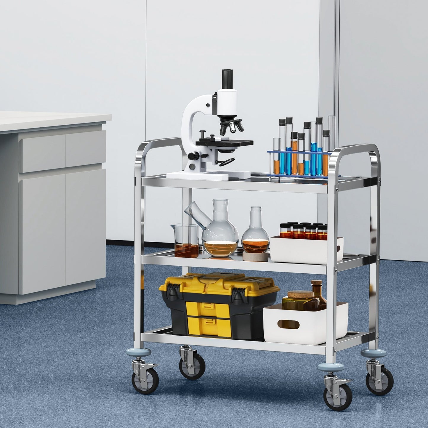 Stainless Steel Cart, 3-layer Practical Laboratory Cart, Carrying Capacity Of 400 Pounds, Medical Cart With Lockable Universal Wheels, Suitable For Laboratories, Clinics, Kitchens, Salons