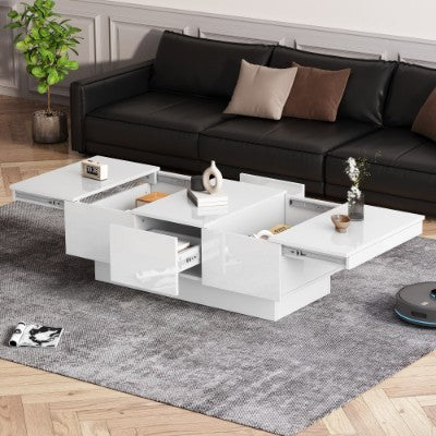 Coffee Table For Living Room, Modern Side Table Wooden Centre Table, White High Gloss Coffee Tea Tables With 2 Drawers And 2 Big Storage Space For Home Office Furniture