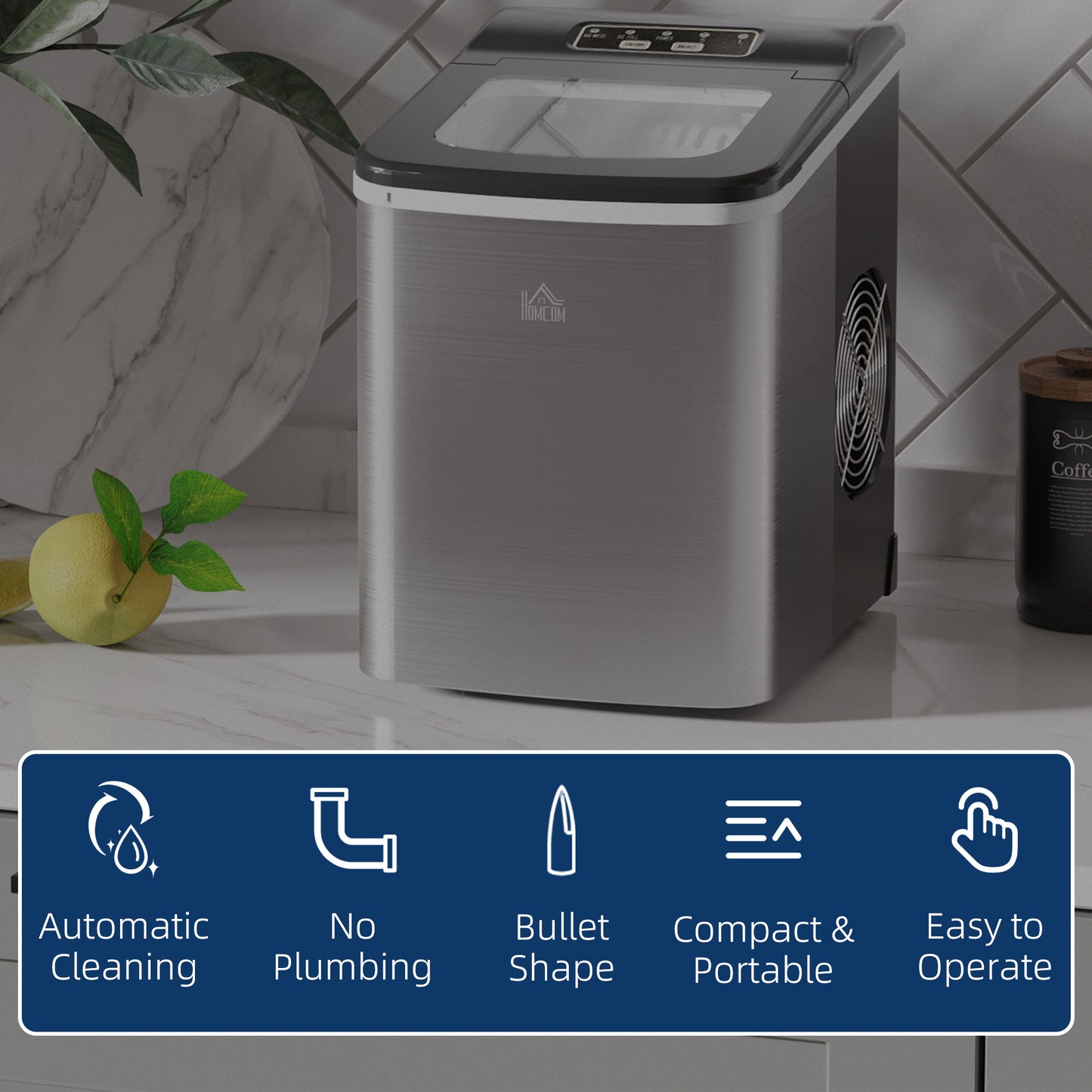 Ice Maker Machine Countertop, 9 Ice Cubes In 8 Mins, 12KG In 24Hrs, Self-Cleaning Portable Ice Cube Maker W/ Adjustable Ice Size, Ice Scoop, Basket, Stainless Steel, No Plumbing Required, Black