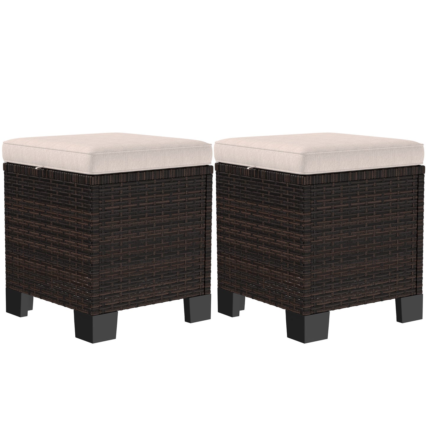 2 Piece Wicker Outdoor Ottomans With Cushions, Rattan Ottoman Footrest And Side Table For Patio, Yard, Poolside, Cream
