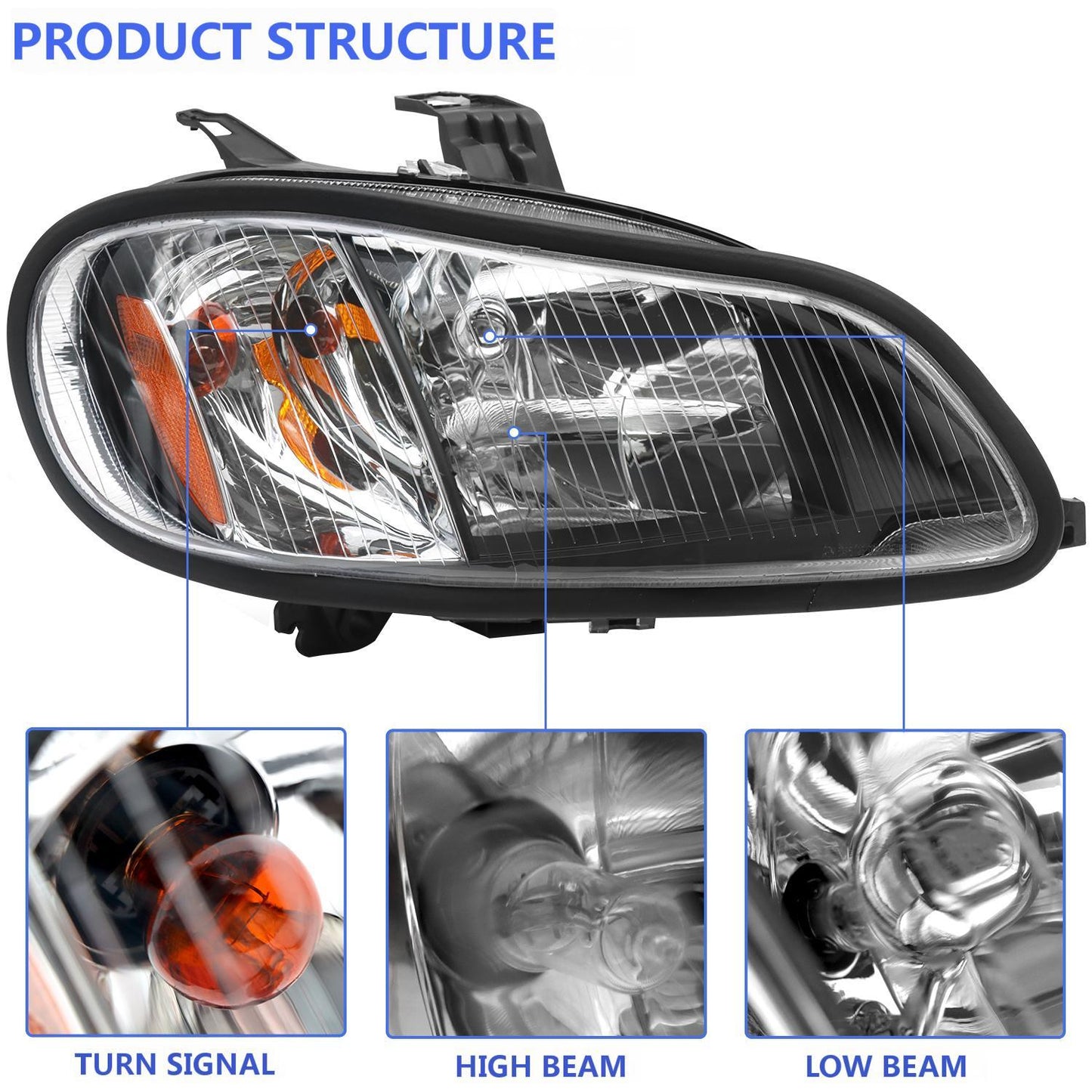 2004-2013 Freightliner M2 Headlights, Set-2 Pieces, White-black