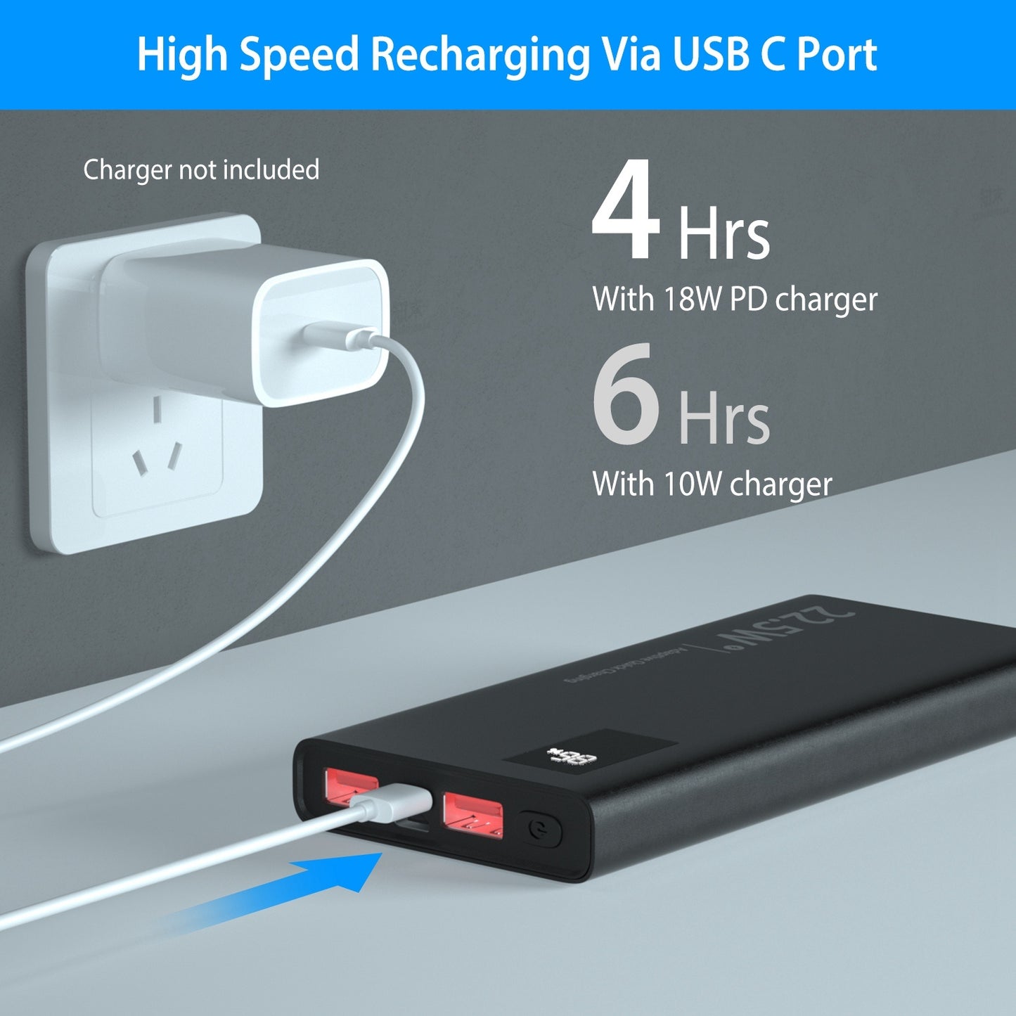 1Pc 1W Mah Power Bank Portable Charger External Battery Pack 22.5W Super Fast Charging PD QC 3.0 With LED Display Fit For IOS Phone