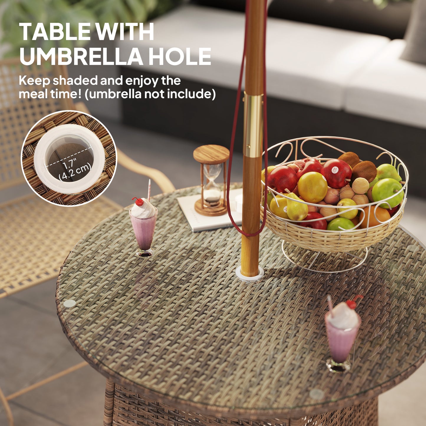 Wicker Garden Rattan Table, Patio Furniture Outdoor Coffee Table With Umbrella Hole And Tempered Glass Top, Brown