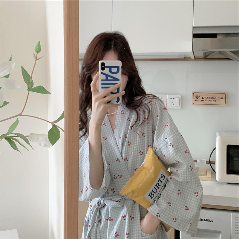 Cherry Plaid Cute Bathrobe Long