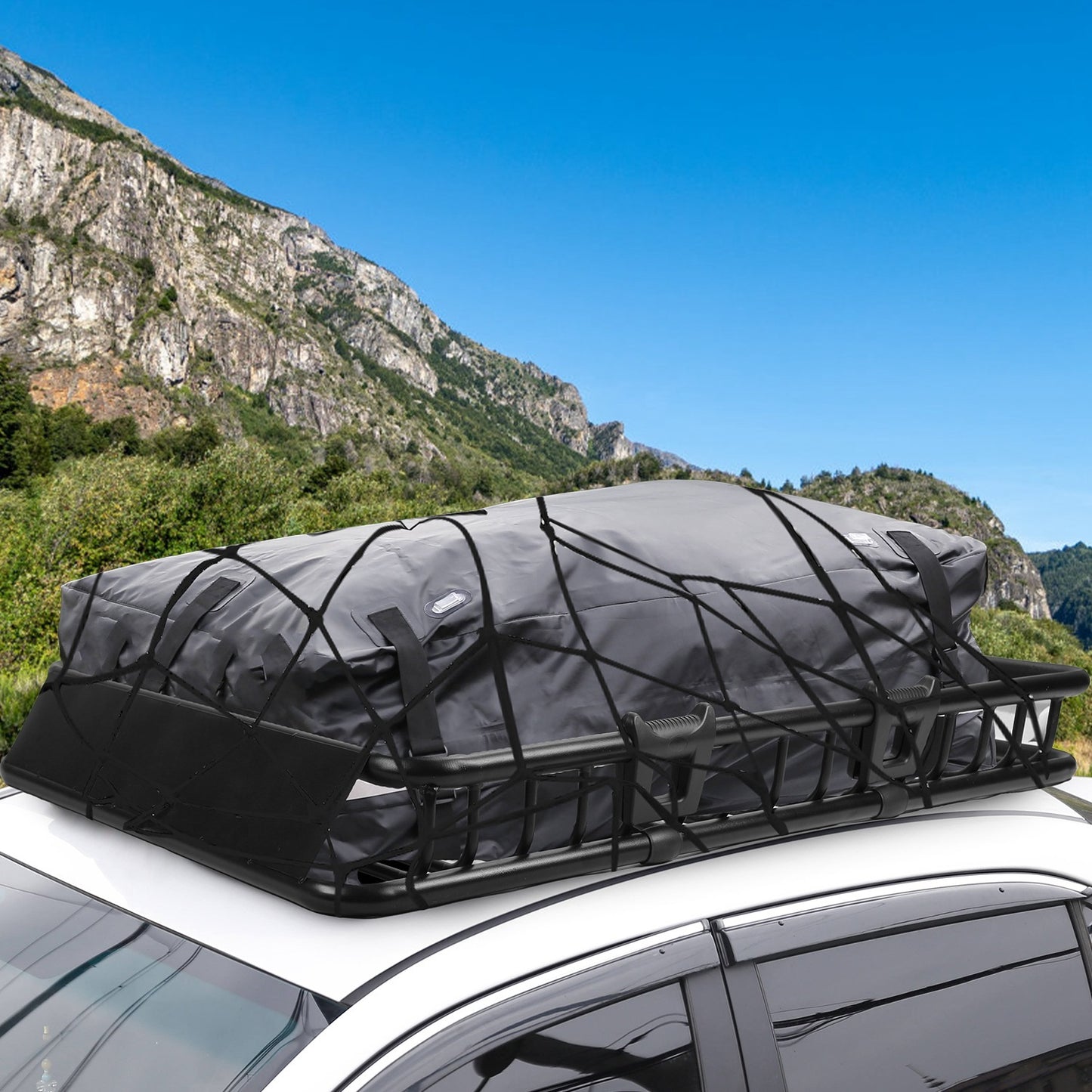 1Pc 63x39x6.3in Universal Roof Rack Cargo Carrier Car Top Luggage Holder Basket With Hook Strap Elastic Net