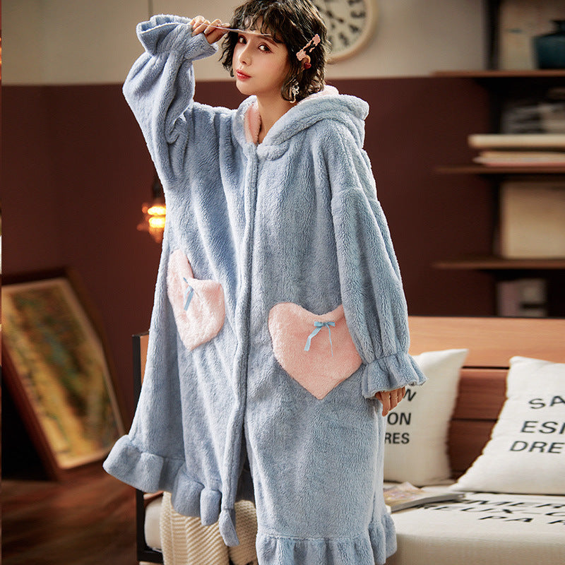 Nightgown Sweet Hooded Bathrobe Warm Set